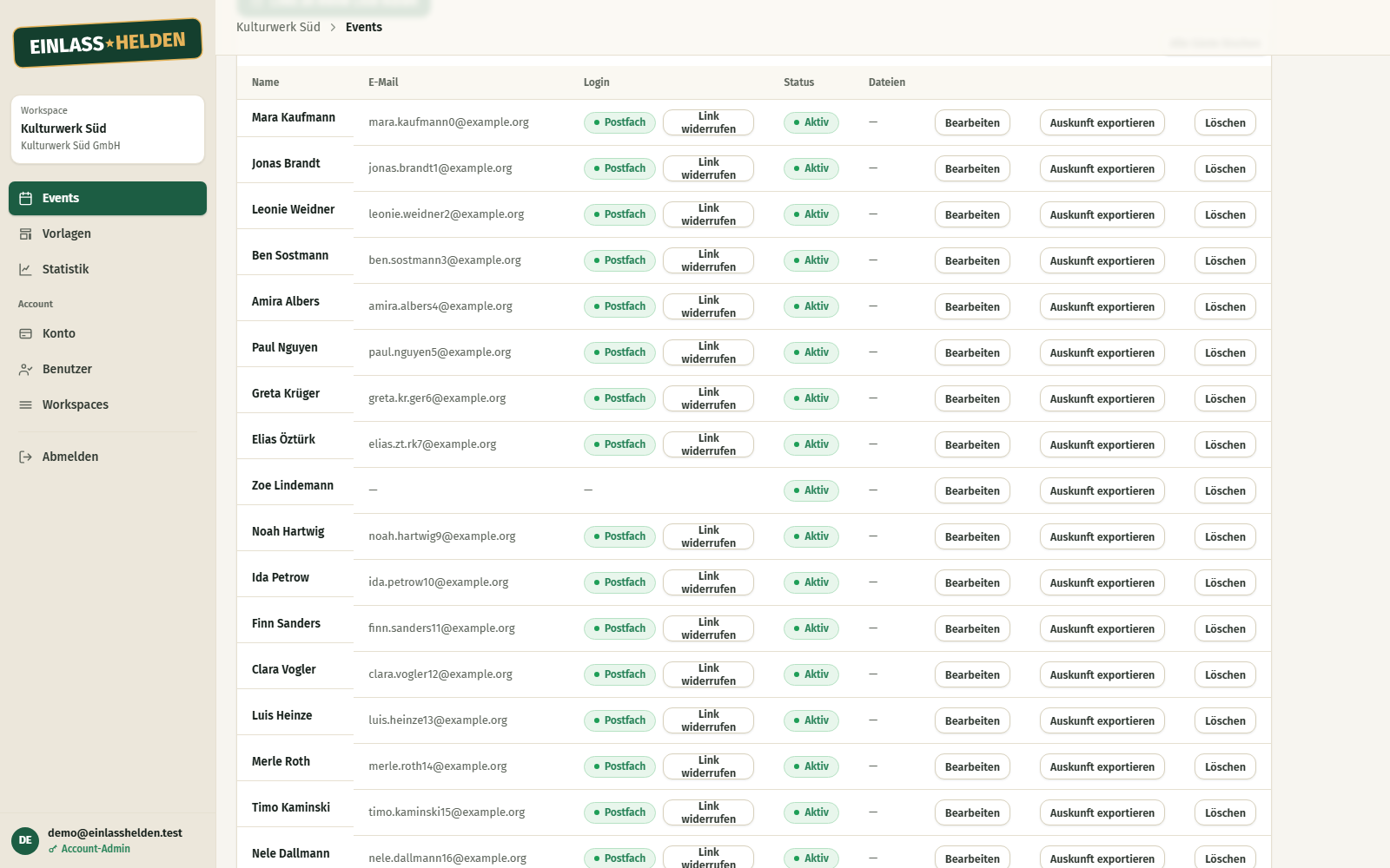 The guest list in the control desk, shown here in the German interface: 470 guests with status, mailbox login and per-row actions